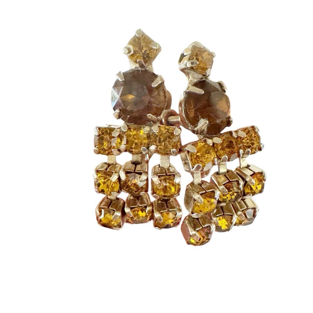 Vintage Earrings Amber Topaz Rhinestones Chandelier Dangle Screw‎ Back